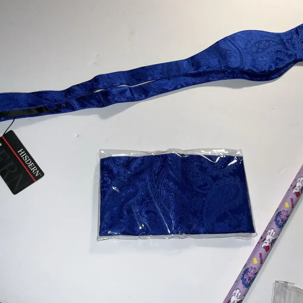 Hisdern Men Royal Blue BUTTERFLY Bow tie &Pocket Square Handkerchief Set New